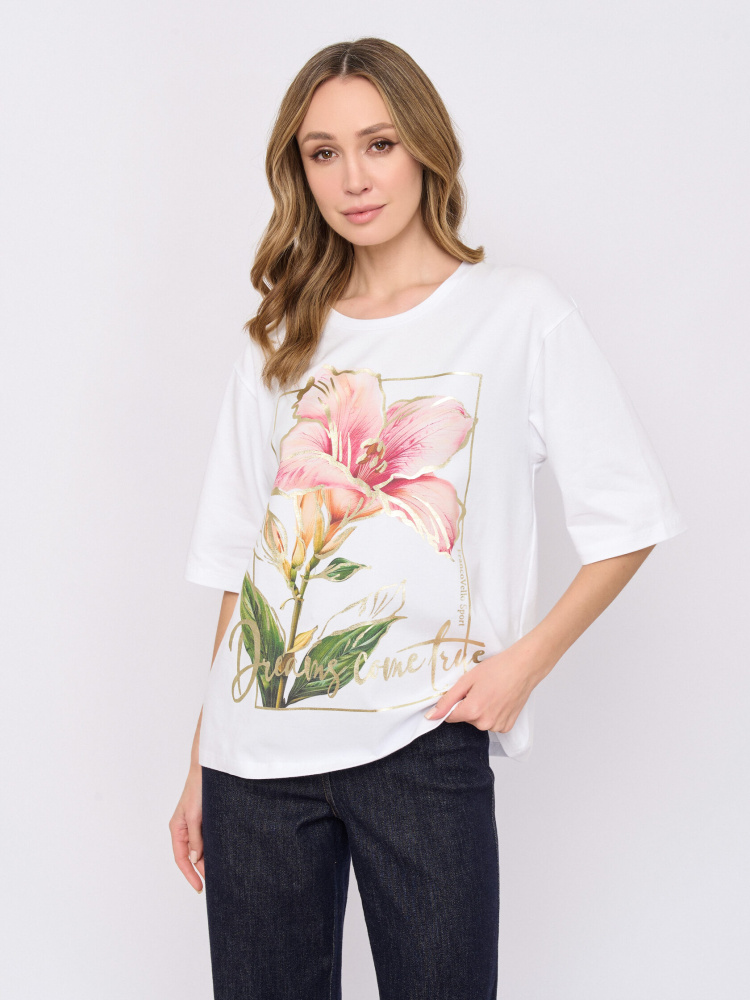 БЛУЗКА FRANCO VELLO с крупным цветочным принтом и свободным коротким рукавом