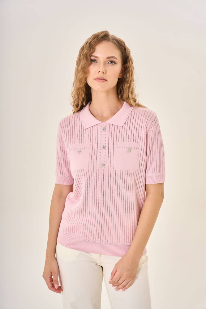 ДЖЕМПЕР STERN вязаная рубашка-поло с короткими рукавами и ажурным узором
